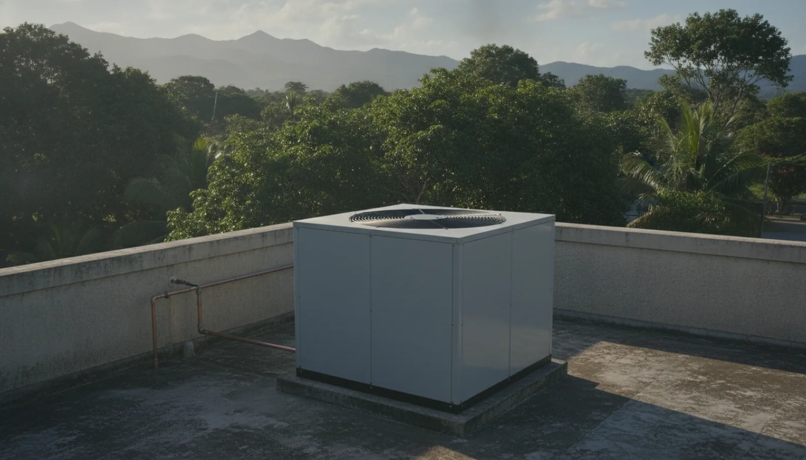 Illustration, not a photograph: a commercial split outdoor unit on a concrete plant deck with the Blue Mountains behind