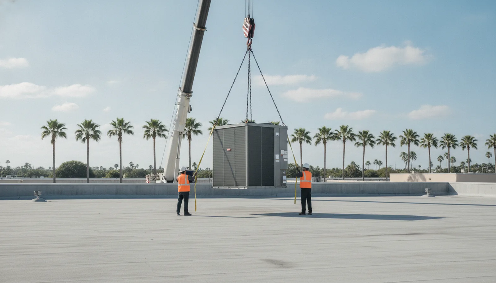 Illustration, not a photograph: a crane lifting a rooftop packaged unit onto a flat commercial roof while two technicians guide it