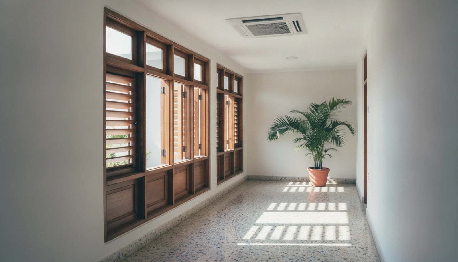 Illustration, not a photograph: a ceiling cassette unit in a bright hotel corridor with louvre windows