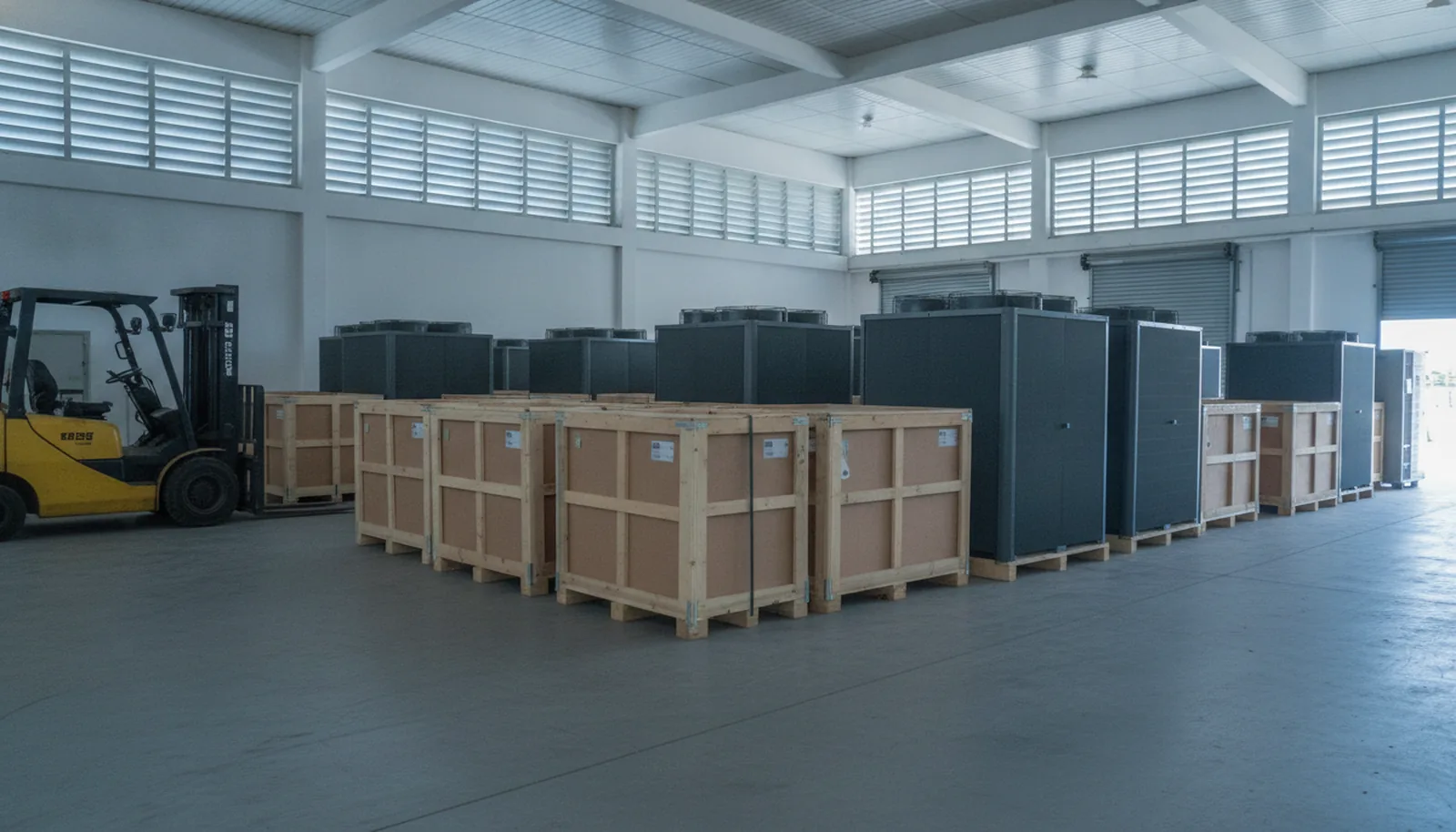 Illustration, not a photograph: crated commercial air-conditioning units on pallets inside a warehouse